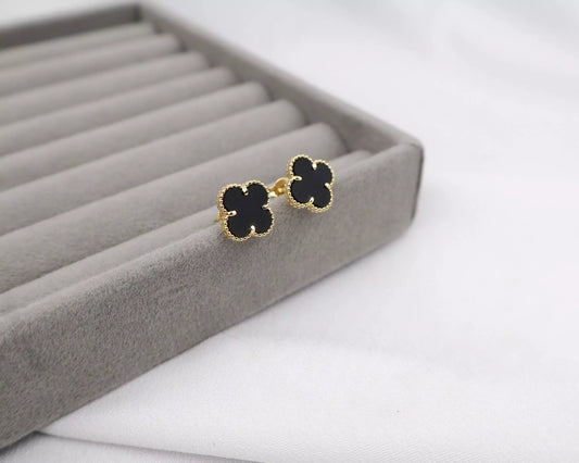 Small Black Clover Earrings - Gold