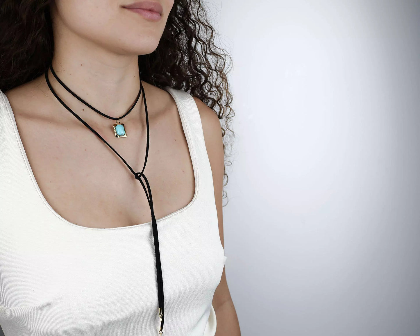 Long Black Suede Necklace with Turquoise Blue Stone Pendant - Gold