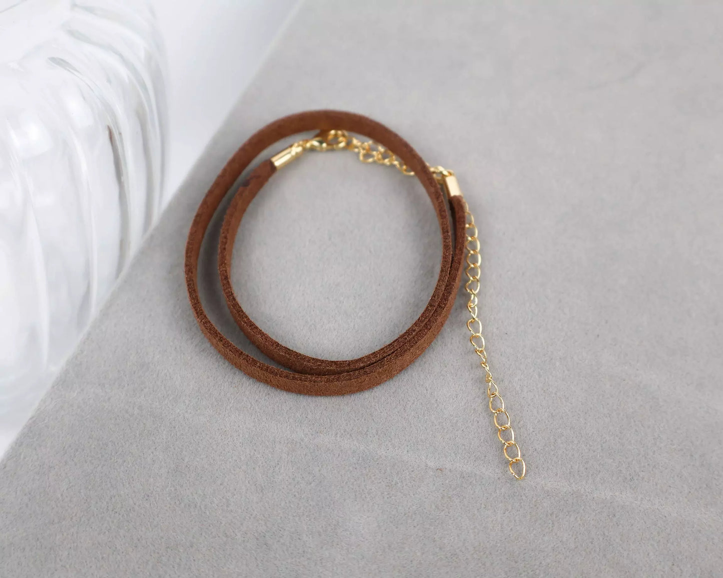 Brown Suede Choker Necklace - Gold