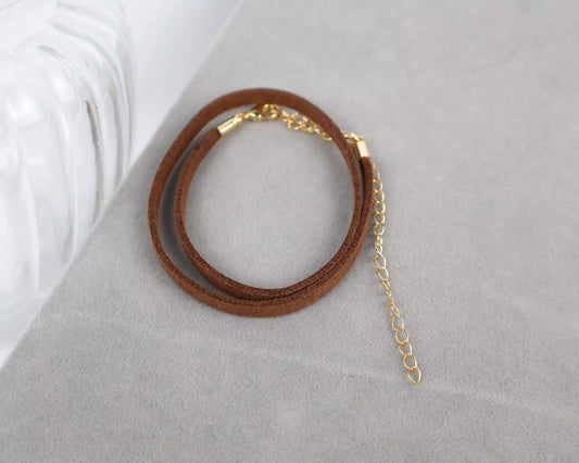 Brown Suede Choker Necklace - Gold