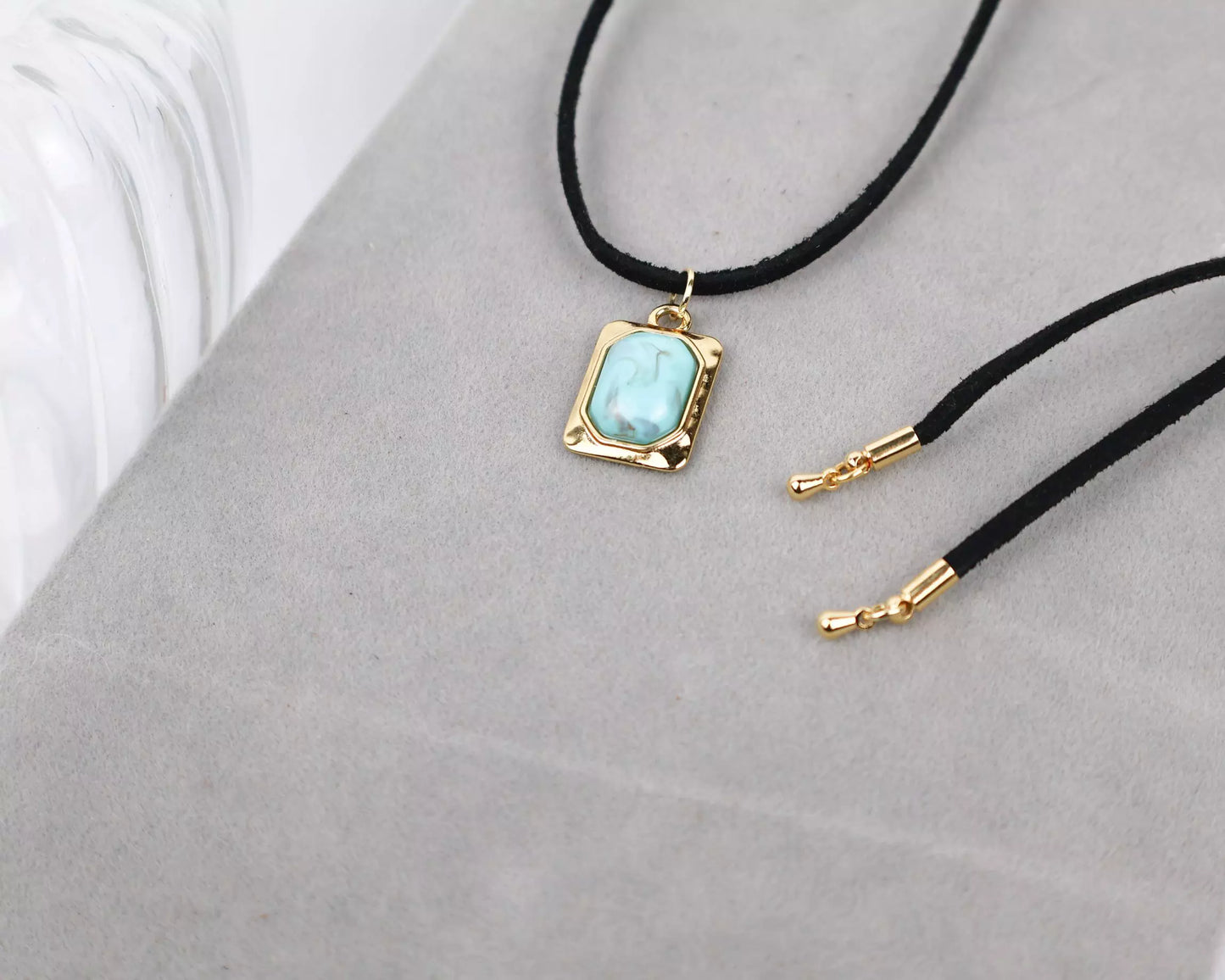 Long Black Suede Necklace with Turquoise Blue Stone Pendant - Gold