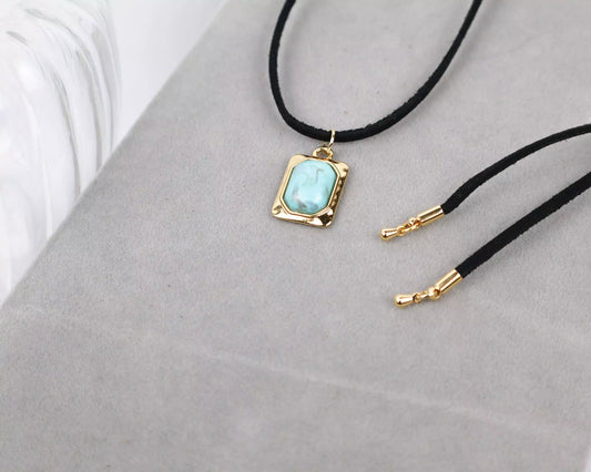 Long Black Suede Necklace with Turquoise Blue Stone Pendant - Gold