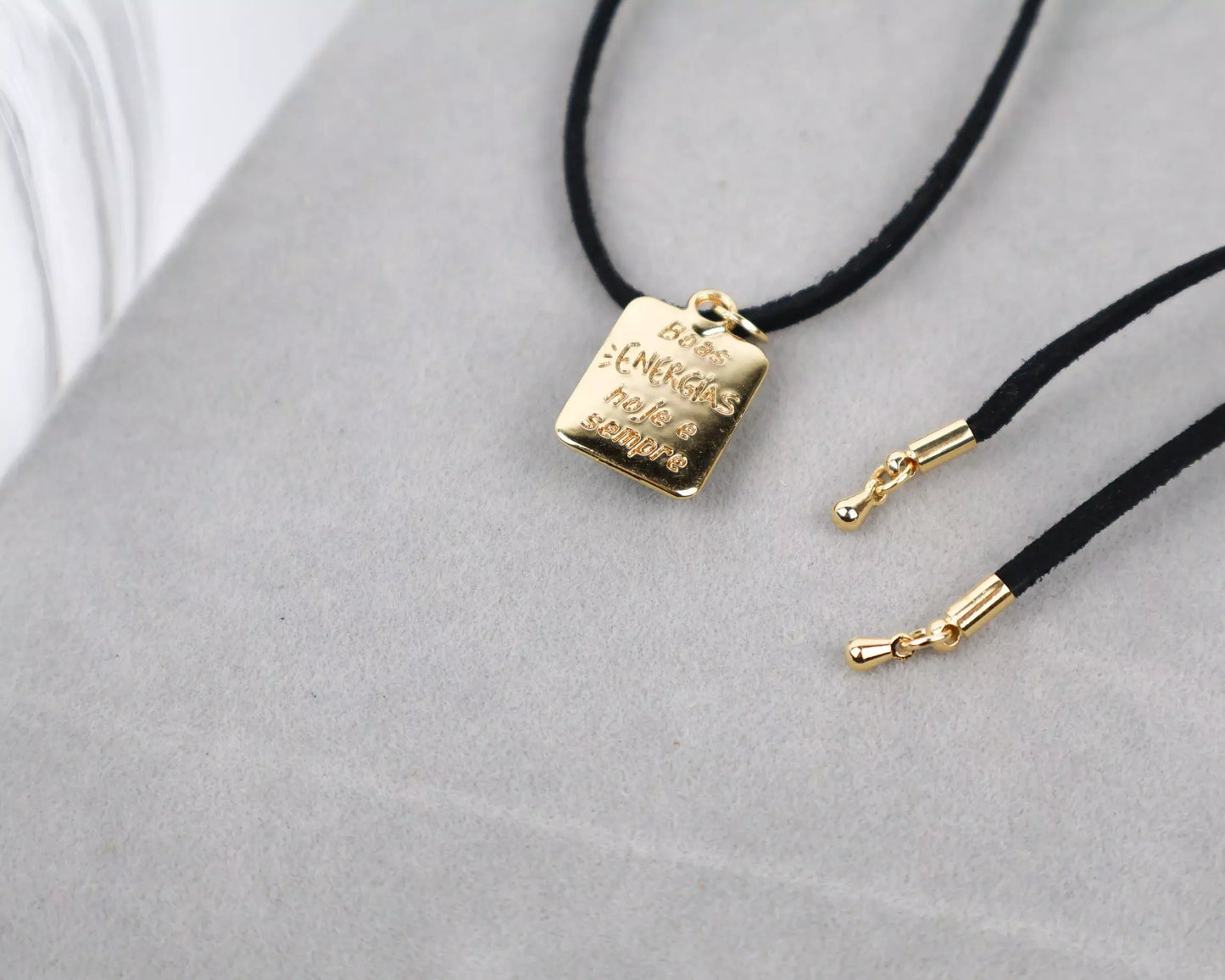 Long Black Suede Necklace with Turquoise Blue Stone Pendant - Gold